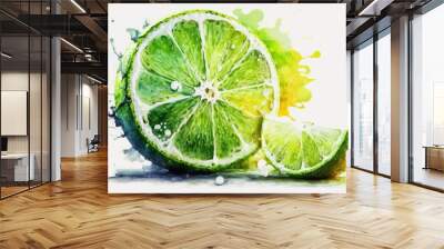 Drawn lime on white background watercolor tropical fruit organic food illustrations Generative AI Wall mural