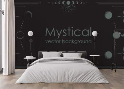 Dark boho background with a copy space. Mystical backdrop with an ornate geometric frame, outline moon phases and linear stars. Magical banner in black color with a place for text Wall mural