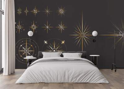 Vector celestial element set. Collection of big and small elegant ornate shiny golden stars with beams, dots and radial circles. Magical isolated clipart for mystic decoration Wall mural