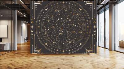 Vector golden celestial background with ornate outline geometric frame, magical circle with stars, zodiac constellations, moon phases, arrows and concentric circles. Mystic linear square cover Wall mural