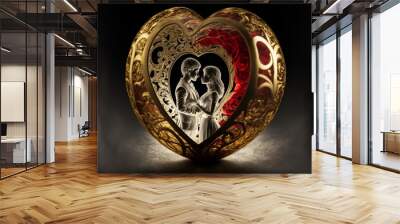 An embracing couple in love inside a beautiful precious metal golden heart with rose petals, two transparent lovers looking at each other, black background, light, lamp, decoration for Valentine's Day Wall mural