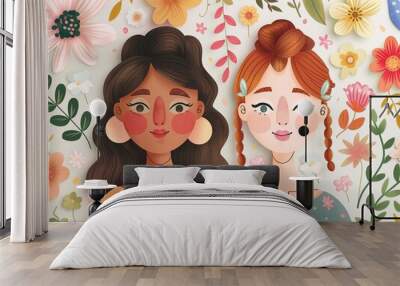 Children book style colored drawing of two girls and flowers, friends with different color of skin, hair and eyes, with lovely floral dress pattern, nature design evoking  summer, love and friendship Wall mural