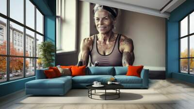 Fit senior active woman athlete smiling training on rowing machine at home or fitness club, healthy elderly lady exercising indoors, pretty sexy body and face, long gray hair, made with AI Generative Wall mural