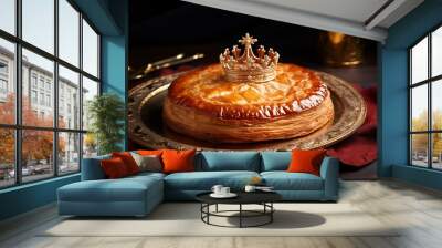 Formal reception with pomp and ceremony to celebrate epiphany with this delicious galette des rois kings cake and its precious jewel crown decoration, beautiful tradition style, luxury antique dish Wall mural