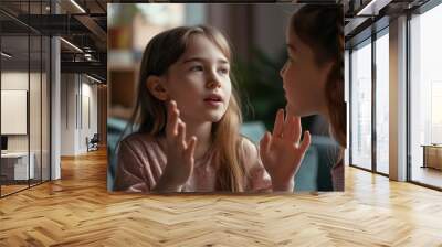 Girls talking with hands, holding a conversation in sign language, speech impaired kid signing for deaf family members, communicating with fingers gestures, hand signs and face expression, silent talk Wall mural