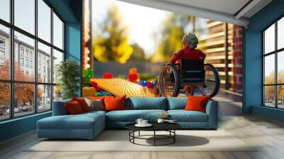 Illustration of an access ramp with a person with handicap on wheelchair, senior man or woman leaving a building or watching outside from inside the room among colored building blocks plastic toys Wall mural