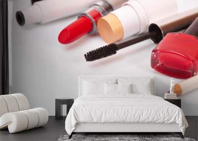 cosmetics makeup on a white background Wall mural