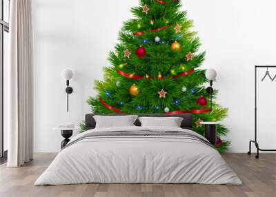 A bushy decorated Christmas tree on white background Wall mural