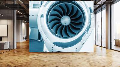 detailed insigh tturbine blades of an aircraft jet engine, colored technical blue, business jet engine close up high detailed view Wall mural