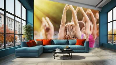 Group of women practicing yoga together during a beautiful sunny day on the meadow Wall mural