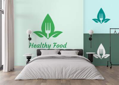 healthy food logo with fork and leaf shape Wall mural