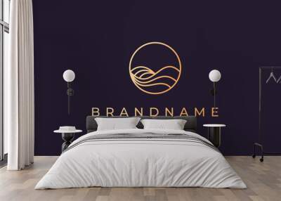 Luxury gold line logo design with simple and modern shape of sea water wave in a circle Wall mural