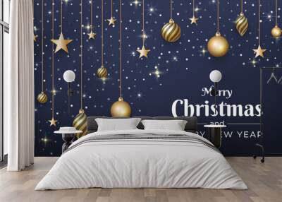 Merry Christmas and New Year background design with glitter gold ornaments Wall mural