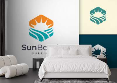 Ocean or sea logo in abstract water wave and sun represent adventure Wall mural