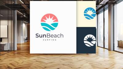 Ocean or sea logo in abstract water wave and sun represent adventure Wall mural