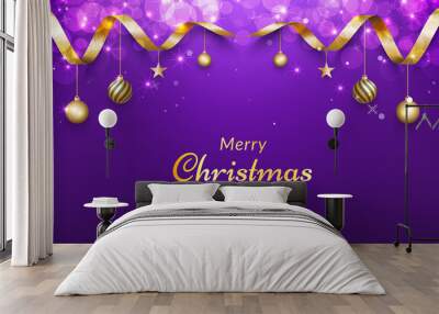 Purple christmas background with gold ribbon, glitter bokeh effects and ornaments Wall mural