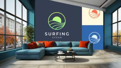 Sea or water theme logo with waves and sun in circle shape Wall mural