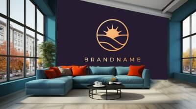 Sea wave and sun in a circle with a gold line art style suitable for logo and icon Wall mural