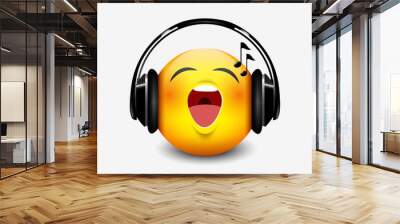 Cute singing emoticon with black headset, emoji Wall mural