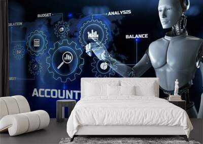 Accounting business process automation RPA concept. Robot pressing button on screen 3d render. Wall mural