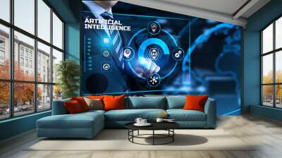 AI Artificial intelligence Neural network Machine learning modern technology concept. Businessman pressing button on screen. Wall mural