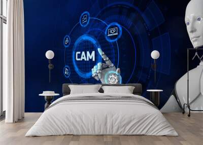 CAM Computer-aided manufacturing software system. technology concept. Robot pressing button on screen 3d render. Wall mural