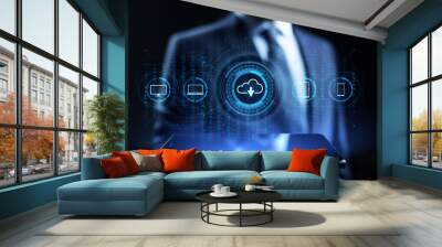 Cloud technology data storage processing computing Internet concept. Businessman pressing button on screen. Wall mural