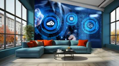 Cloud technology networking processing data storage. Businessman pressing button on screen. Wall mural