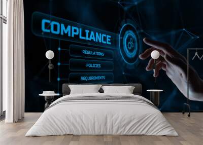 Compliance Regulations Standards Policies.Hand pressing button on virtual screen. Wall mural