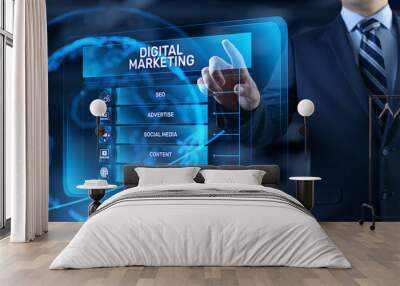 DIgital marketing online internet SEO SEM SMM. Businessman pressing button on screen. Wall mural