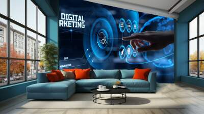 digital marketing online internet seo sem smm. hand pressing button on screen. Wall mural