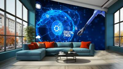 Digital twin industrial technology and manufacturing automation technology. 3d render cobot robotic arm. Wall mural