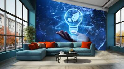 Green Energy. Renewable Ecology saving technology concept. Businessman pressing lamp icon on virtual screen Wall mural