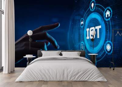 iot internet of things wireless technology concept. hand pressing button on screen. Wall mural