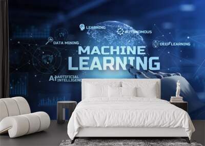 Machine learning AI Artificial intelligence technology concept. Robot hand pressing button on screen 3d render. Wall mural