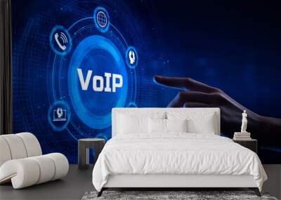 VoIP Voice over IP Telecommunication concept. Hand pressing button on screen. Wall mural