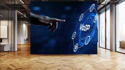 VoIP Voice over IP Telecommunication concept. Hand pressing button on screen. Wall mural