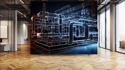 wireframe computer cad design of pipelines for modern industrial Wall mural