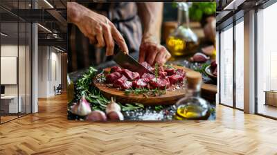 Chef cutting raw beef meat. On a table meat with rosemary, garlic, salt, and pepper. Wall mural