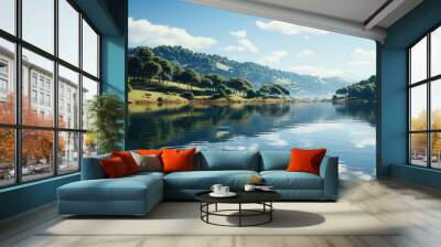 Summer landscape with blue cloudy sky reflection Wall mural