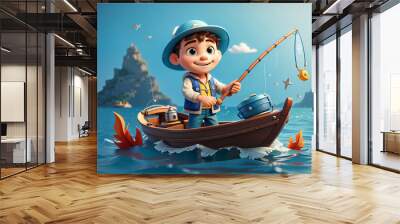 A cartoon boy is fishing in a boat Wall mural