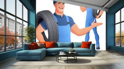 Auto mechanic car service man holding tire. Vector illustration. Wall mural