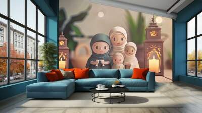 3D Muslim family decor with Ramadan decor with a simple background Wall mural