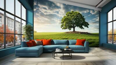 Beautiful tree in the middle of a field covered with grass with the tree line in the background Wall mural