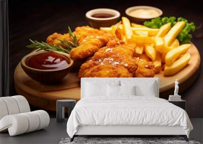 Crispy chicken with sauce and chips fried in wooden plate on reflective cement floor Wall mural