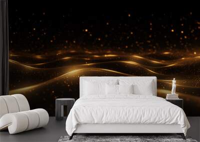 Digital Gold Particles Wave and light abstract background with shining floor particle stars dust. Futuristic glittering Luxury golden sparkling on black background Wall mural