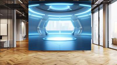 Empty light blue studio room futuristic Sci Fi big hall room with lights blue, Future background for design Wall mural