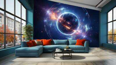 glowing spaceship orbits sphere in deep space Wall mural