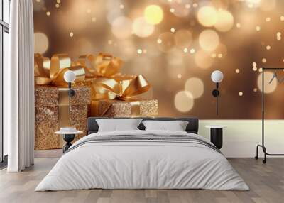 Gold gift boxes and gold glitter particles with bokeh light background Wall mural