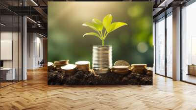 Idea of renewable energy and energy saving. Energy saving light bulb and tree growing on stacks of coins on nature background. Saving, accounting and financial concept Wall mural